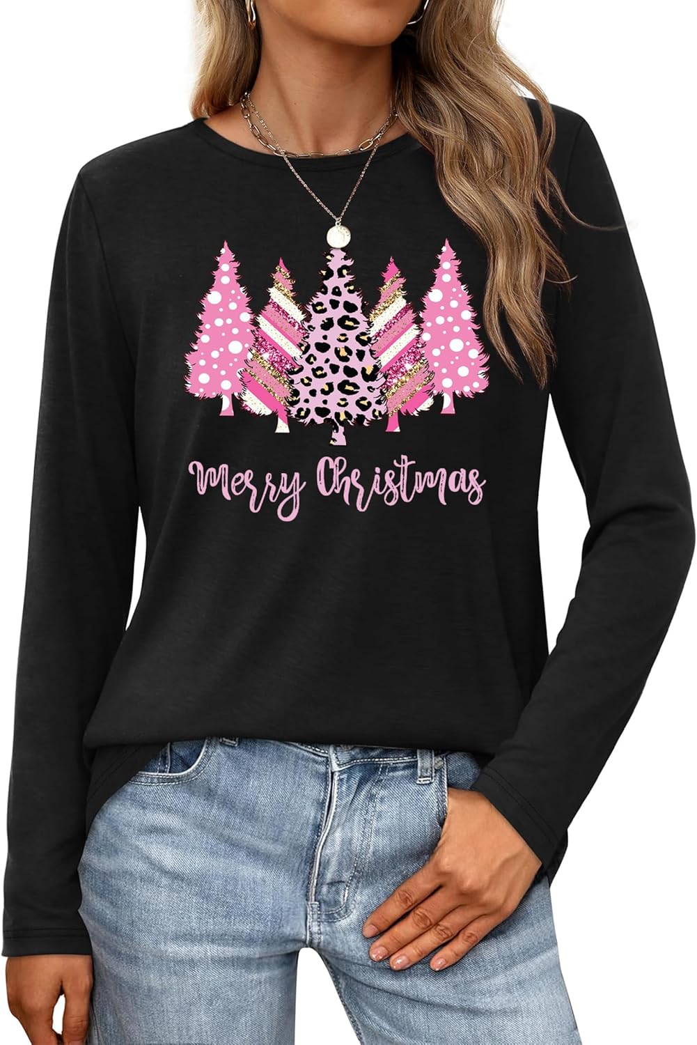 Christmas Shirts for Women: Merry Christmas Letter Print T-Shirts Xmas Tree Graphic Long Sleeve Tops