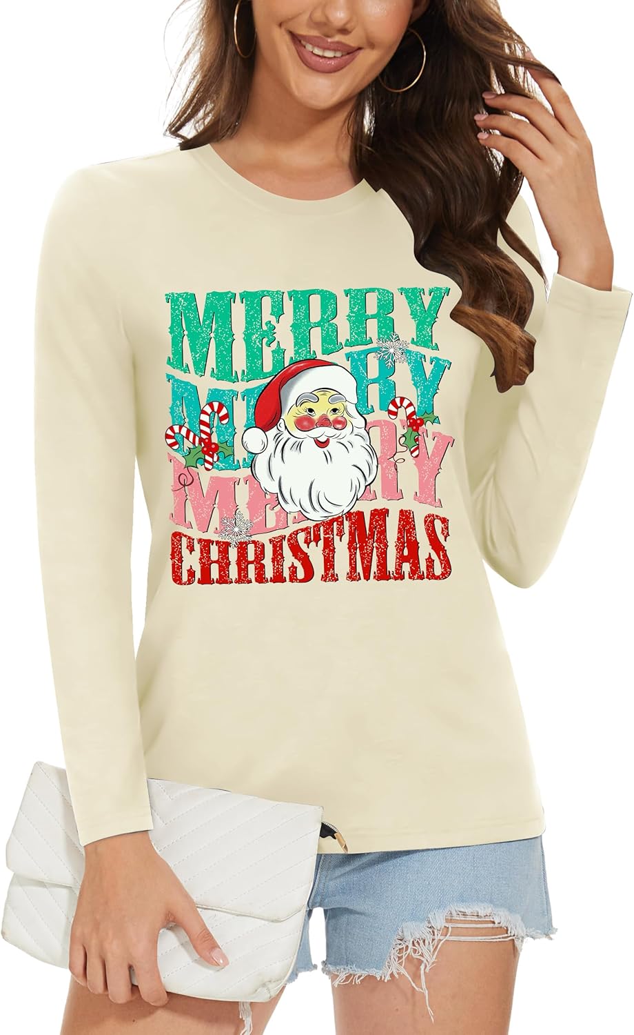Christmas Shirts for Women: Merry Christmas Letter Print T-Shirts Xmas Tree Graphic Long Sleeve Tops