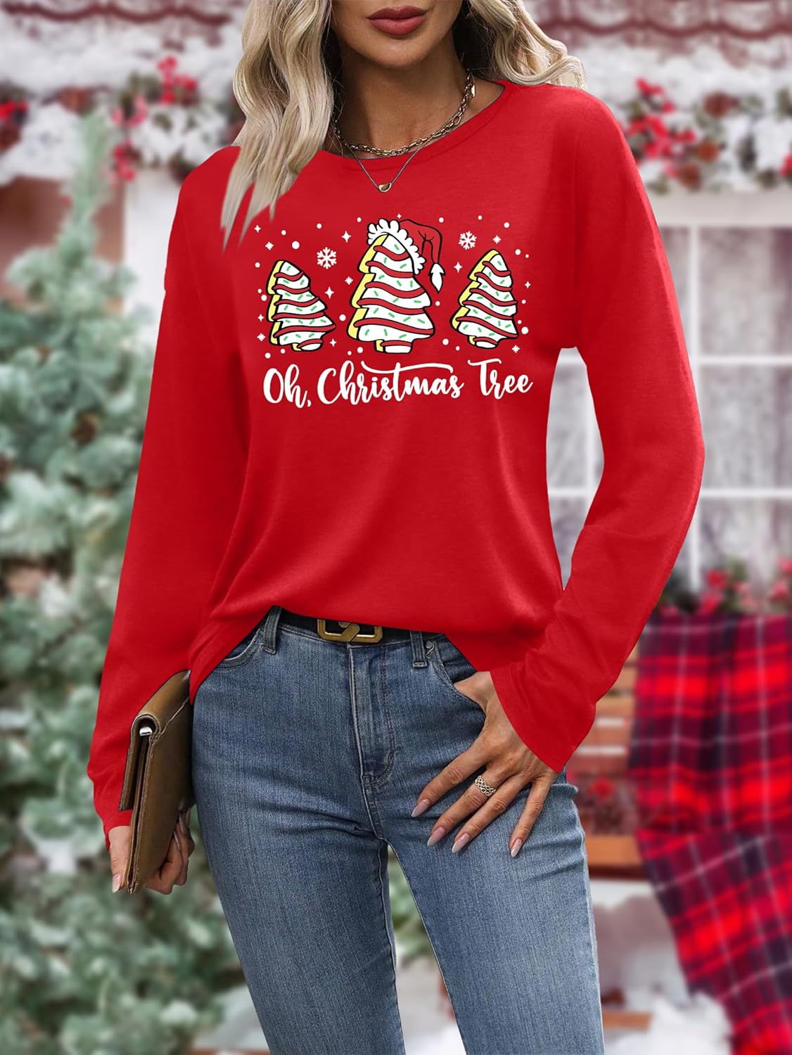 Christmas Shirts for Women: Merry Christmas Letter Print T-Shirts Xmas Tree Graphic Long Sleeve Tops