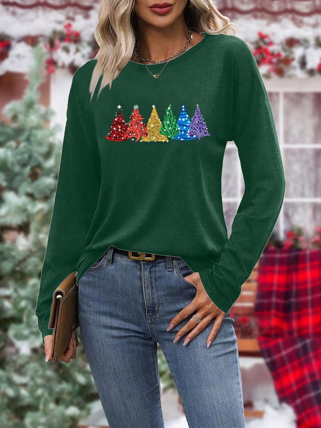 Christmas Shirts for Women: Merry Christmas Letter Print T-Shirts Xmas Tree Graphic Long Sleeve Tops