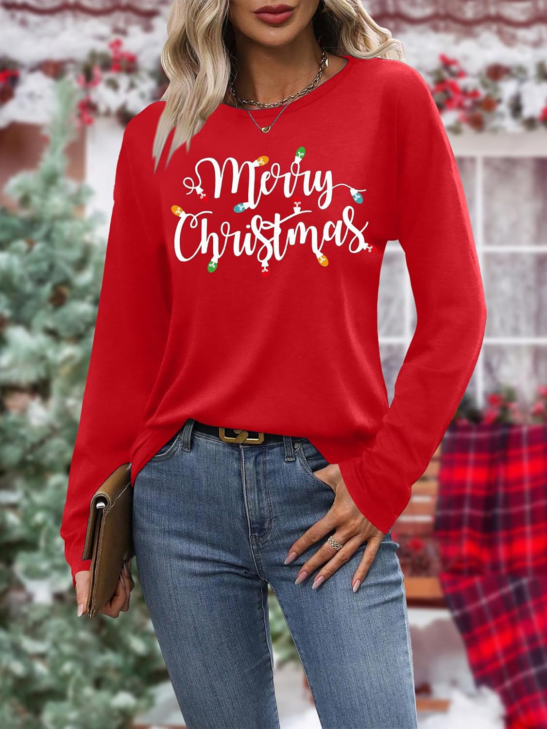Christmas Shirts for Women: Merry Christmas Letter Print T-Shirts Xmas Tree Graphic Long Sleeve Tops