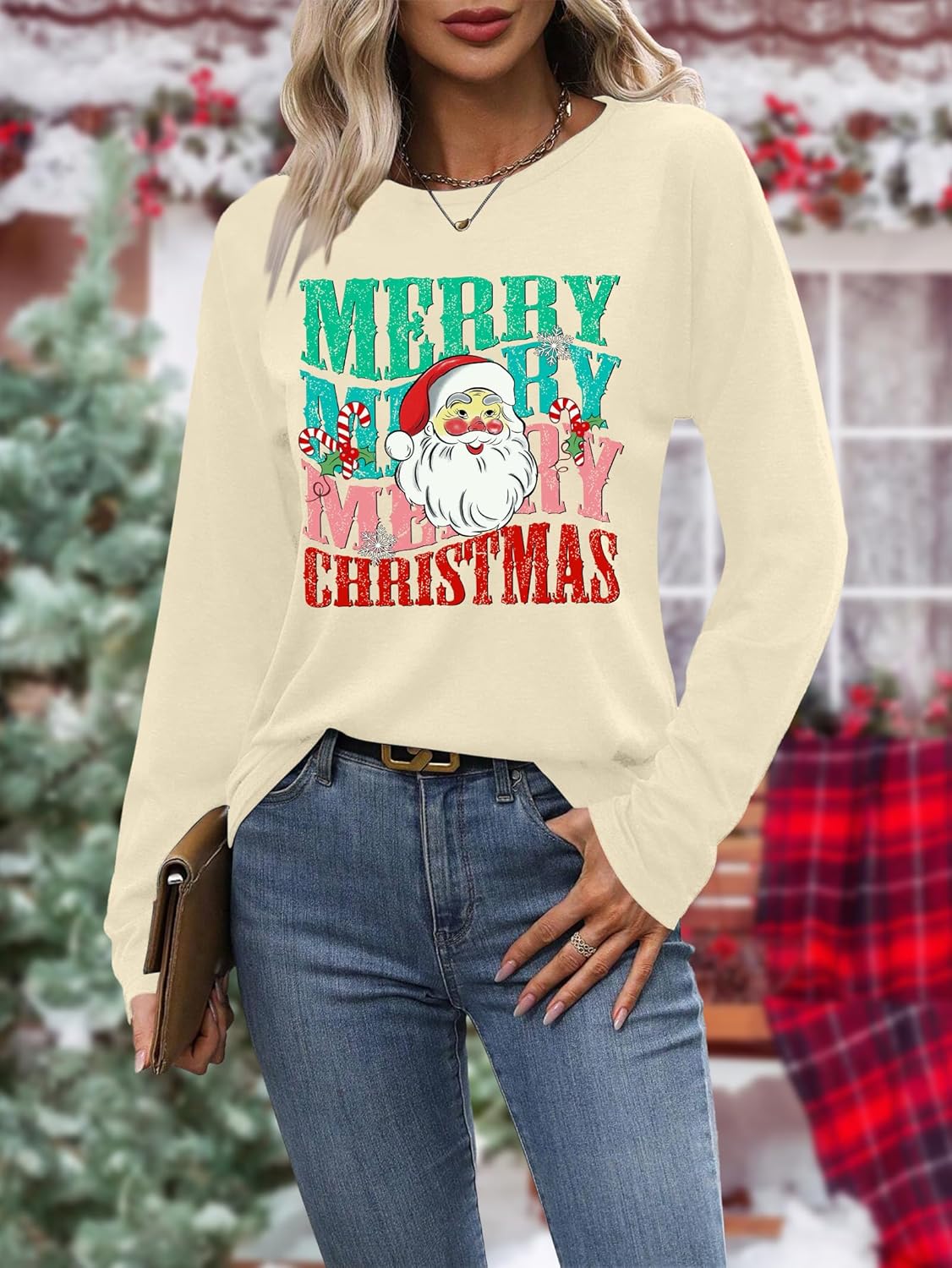 Christmas Shirts for Women: Merry Christmas Letter Print T-Shirts Xmas Tree Graphic Long Sleeve Tops