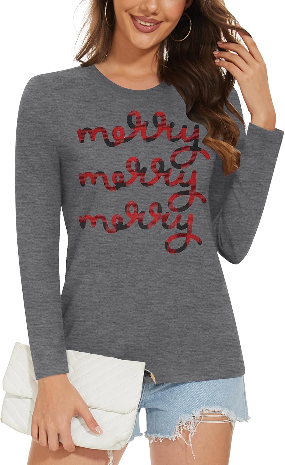 Christmas Shirts for Women: Merry Christmas Letter Print T-Shirts Xmas Tree Graphic Long Sleeve Tops