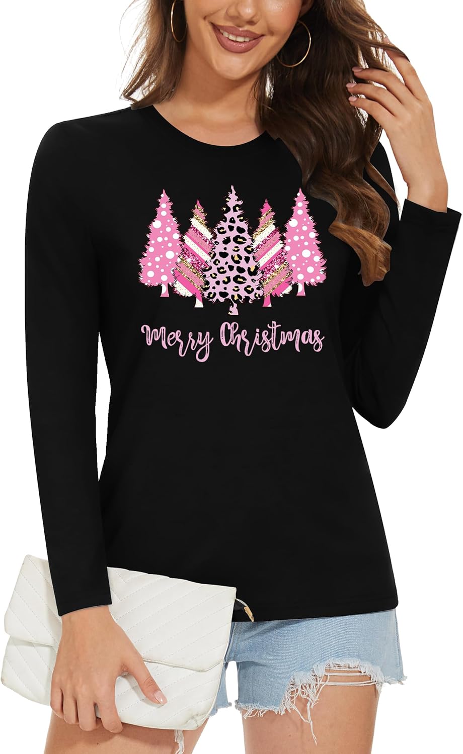Christmas Shirts for Women: Merry Christmas Letter Print T-Shirts Xmas Tree Graphic Long Sleeve Tops