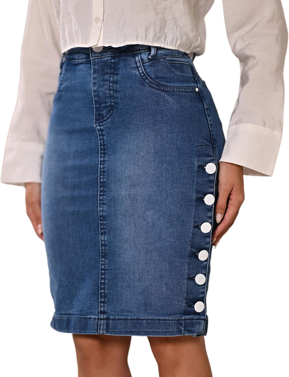 Women's Knee Length Denim Skirt High Stretch Regular and Plus Size