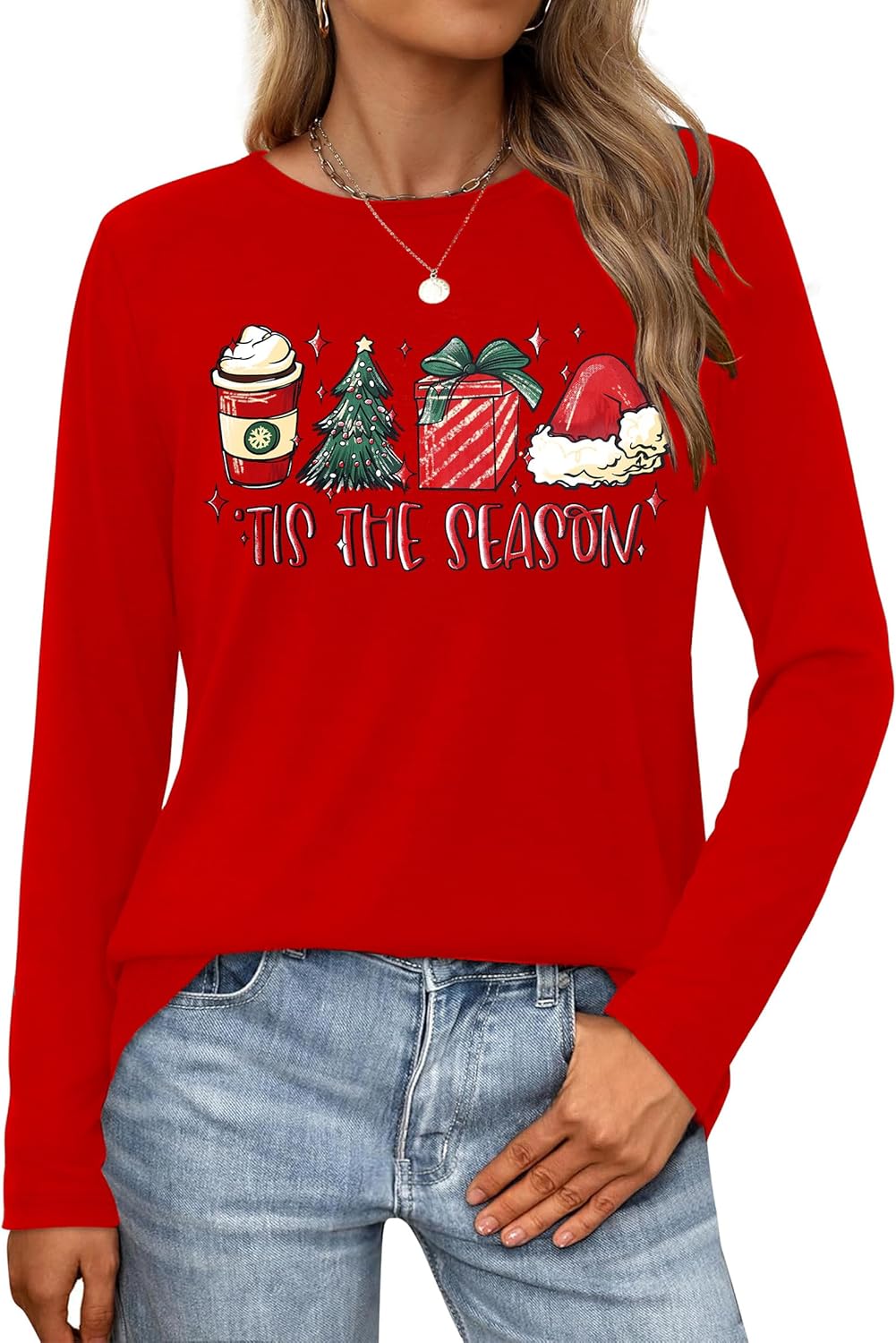 Christmas Shirts for Women: Merry Christmas Letter Print T-Shirts Xmas Tree Graphic Long Sleeve Tops