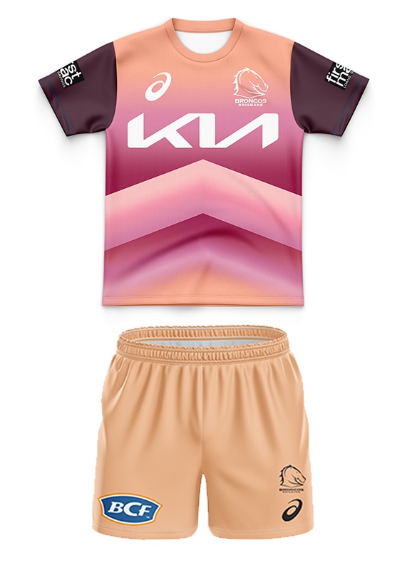 Kid's NRL Brisbane Broncos 2024 Sunstone Training Jersey+Shorts