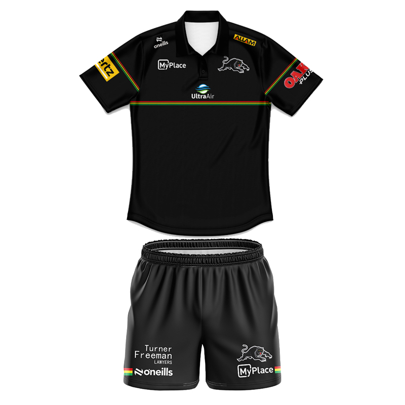 Kid's NRL Penrith Panthers 2025 Black Media Polo Jersey+Shorts