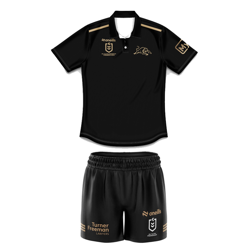Kid's NRL Penrith Panthers 2025 Black Retro Polo Training Jersey+Shorts