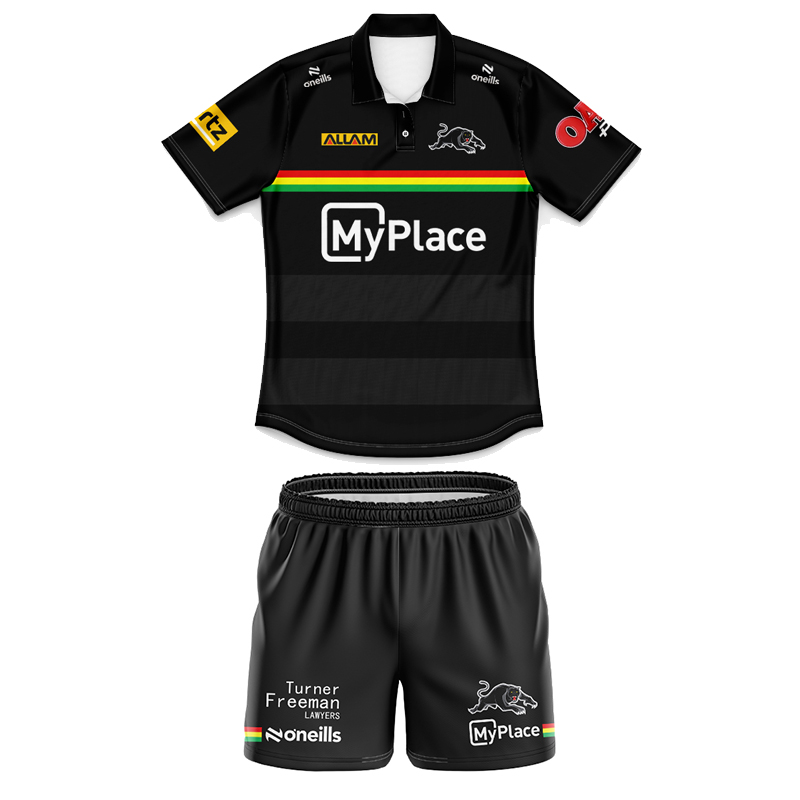 Kid's NRL Penrith Panthers 2025 Black Training Polo Jersey+Shorts