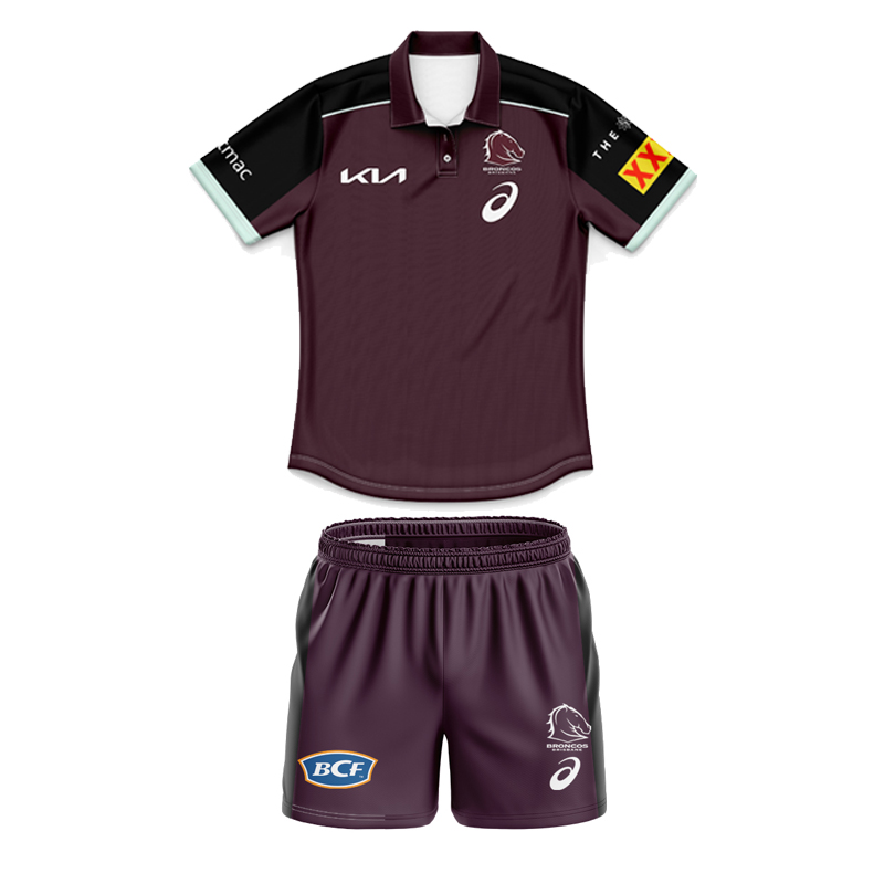 Kid's NRL Brisbane Broncos 2025 Maroon Training Polo Jersey+Shorts