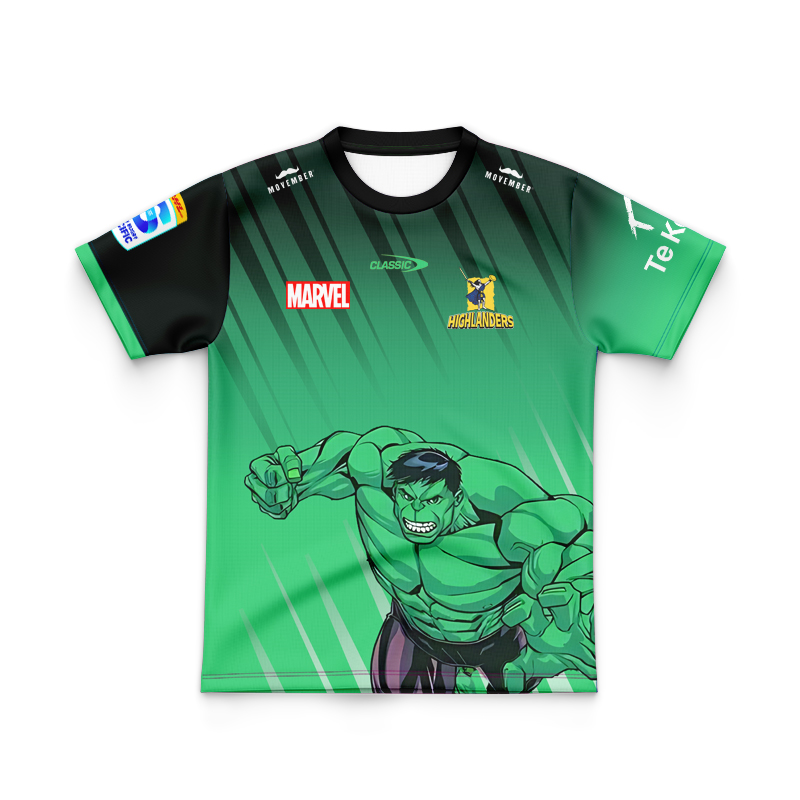 Kid's Otago Highlanders Marvel 2025 HULK Warm Up Jersey