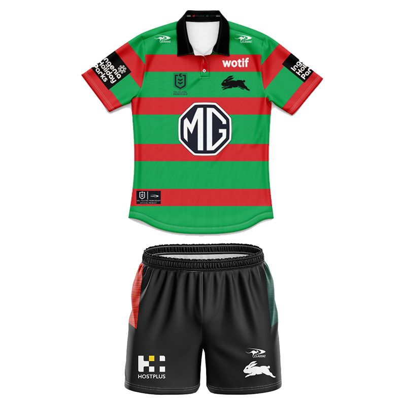 Kid's NRL South Sydney Rabbitohs 2025 Home Polo Jersey+Shorts