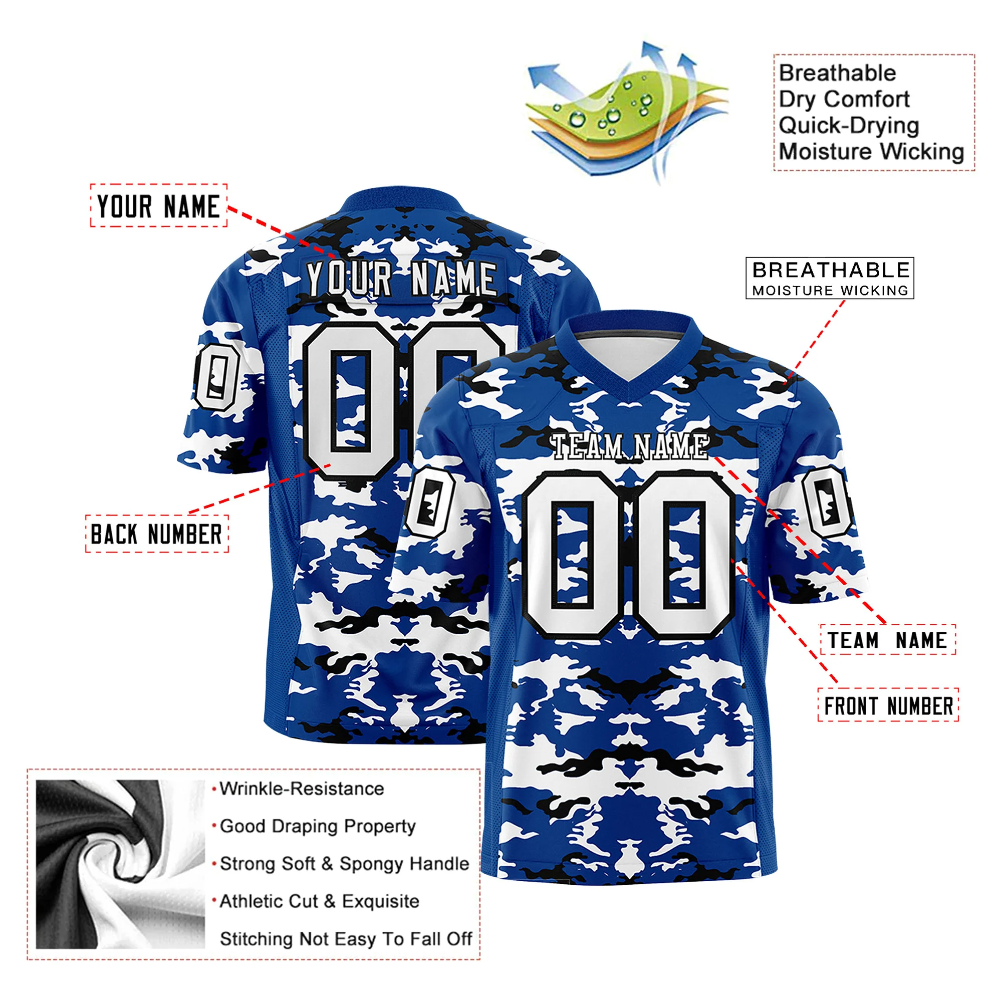 Custom Blue White-Black Mesh Camo Football Jersey