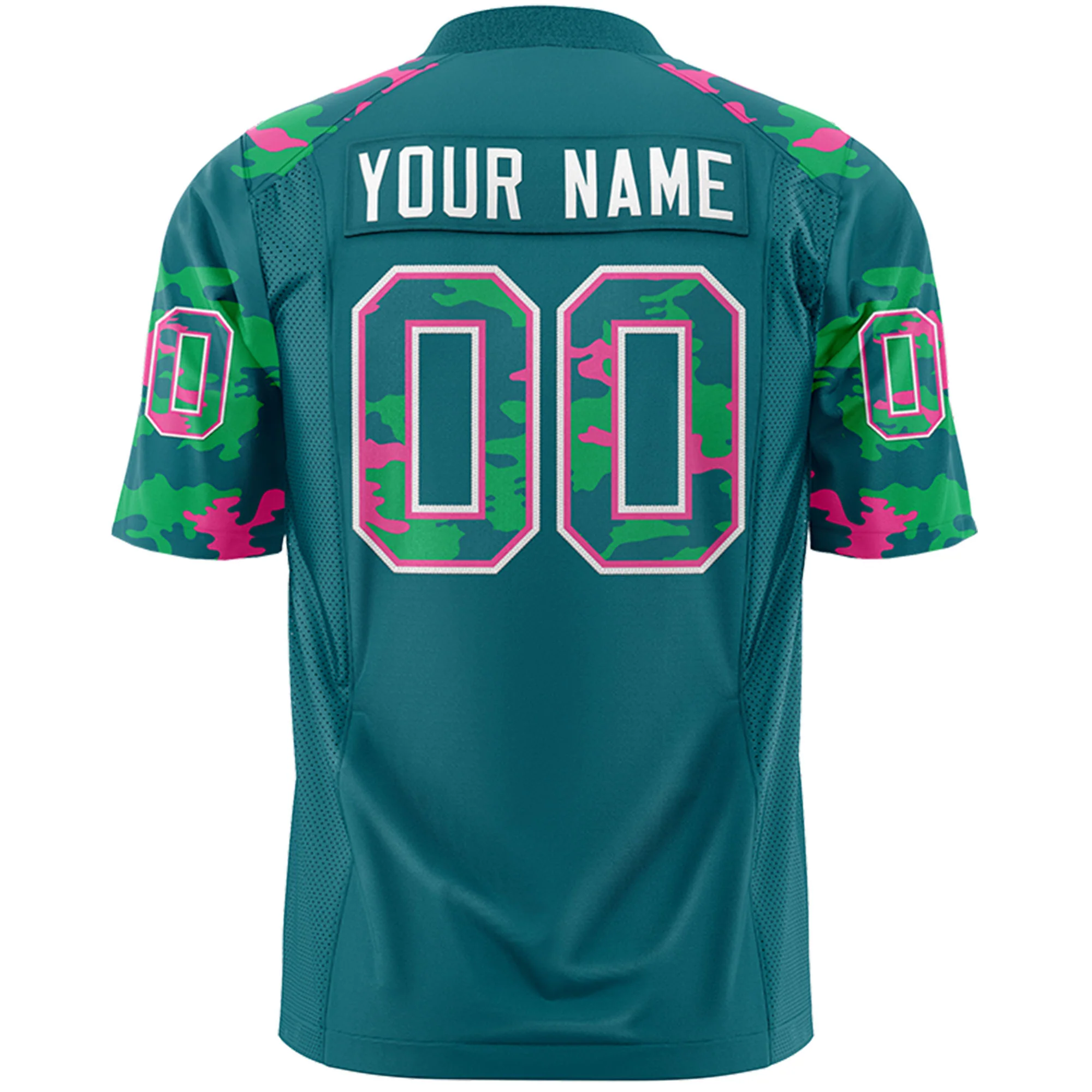 Custom Aqua Pink-Green Mesh Camo Football Jersey