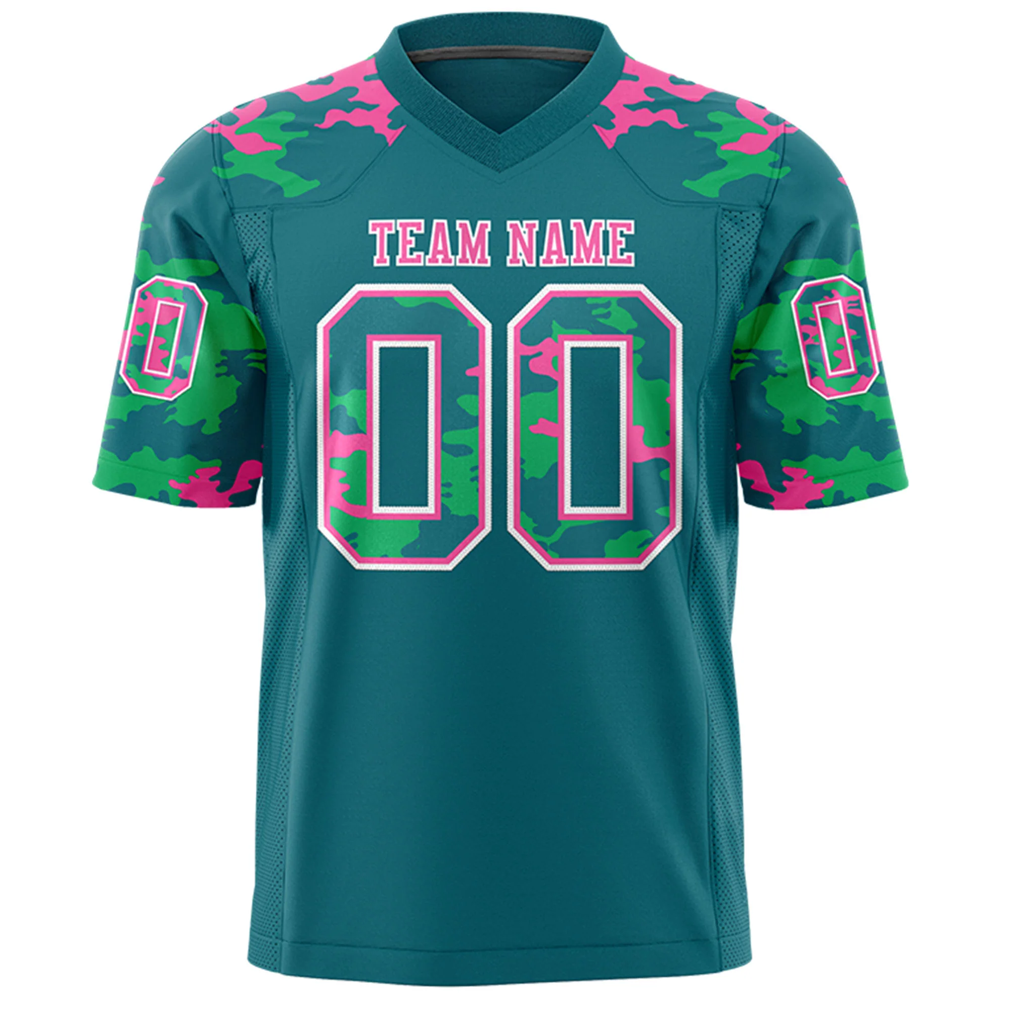 Custom Aqua Pink-Green Mesh Camo Football Jersey