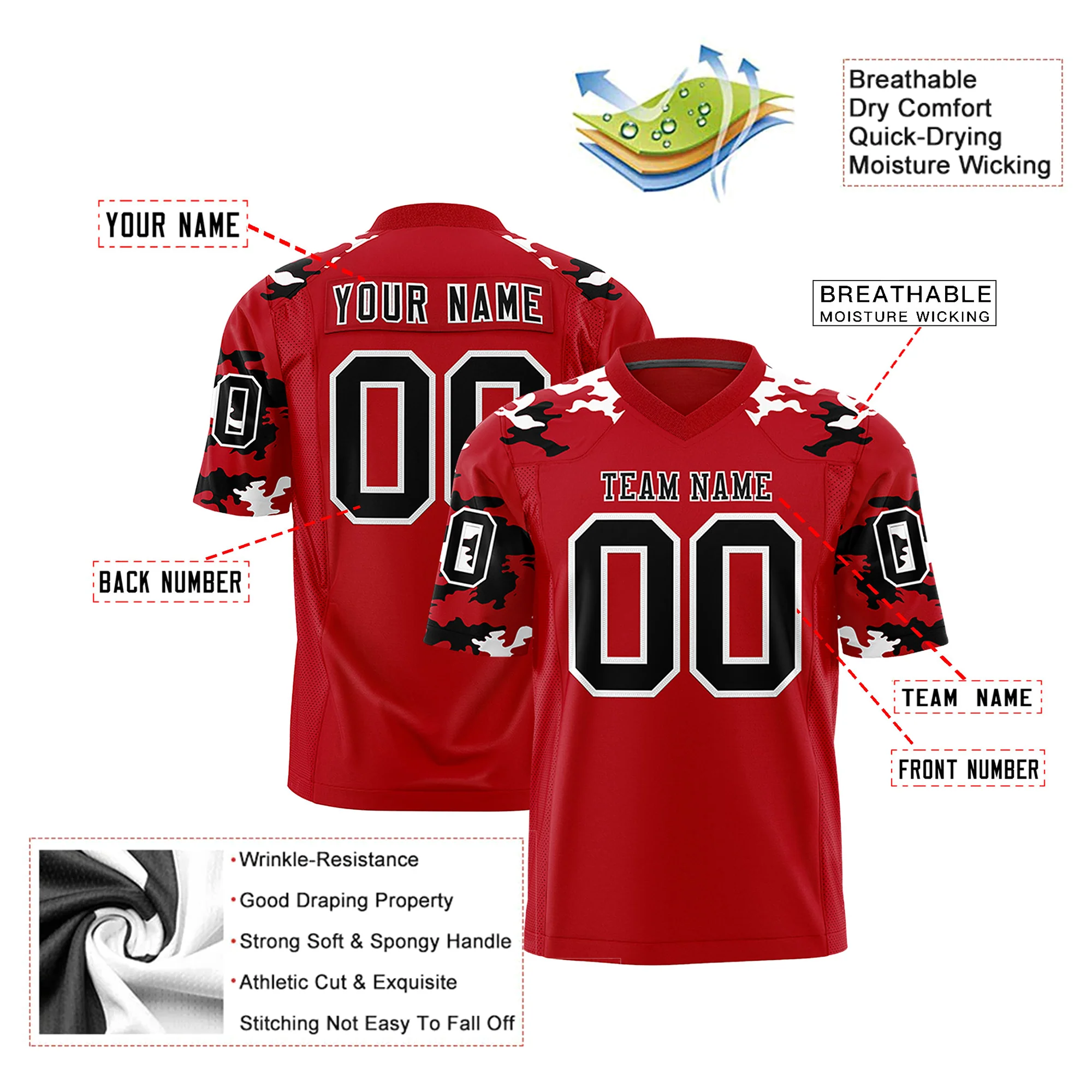 Custom  Red Black-White Mesh Camo Football Jersey