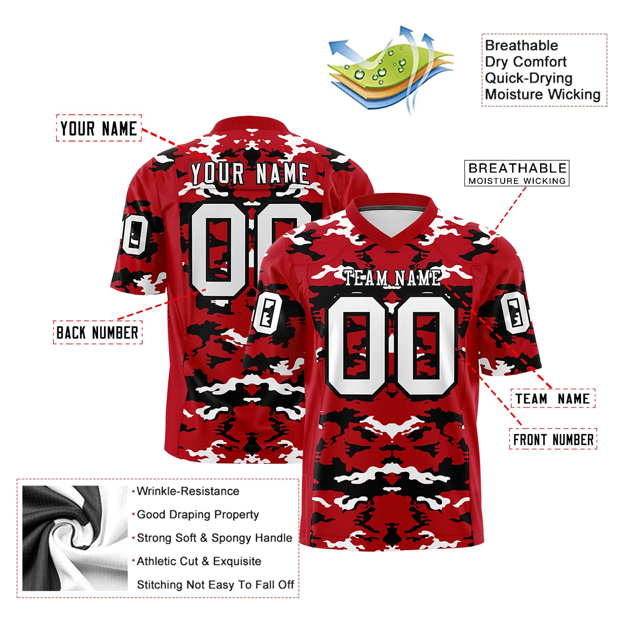 Custom  Red Black-White Mesh Camo Football Jersey