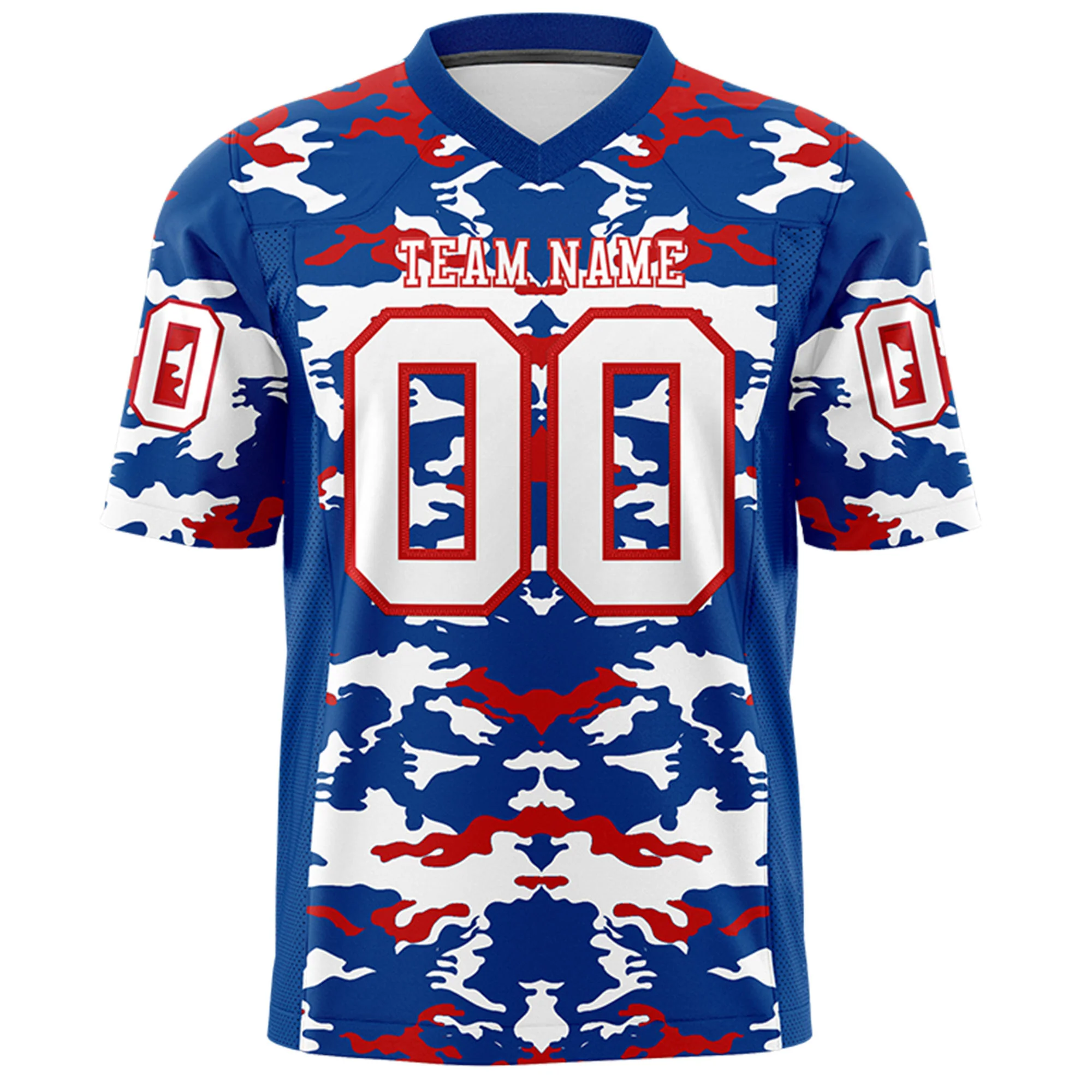 Custom Blue White-Red Mesh Camo Football Jersey