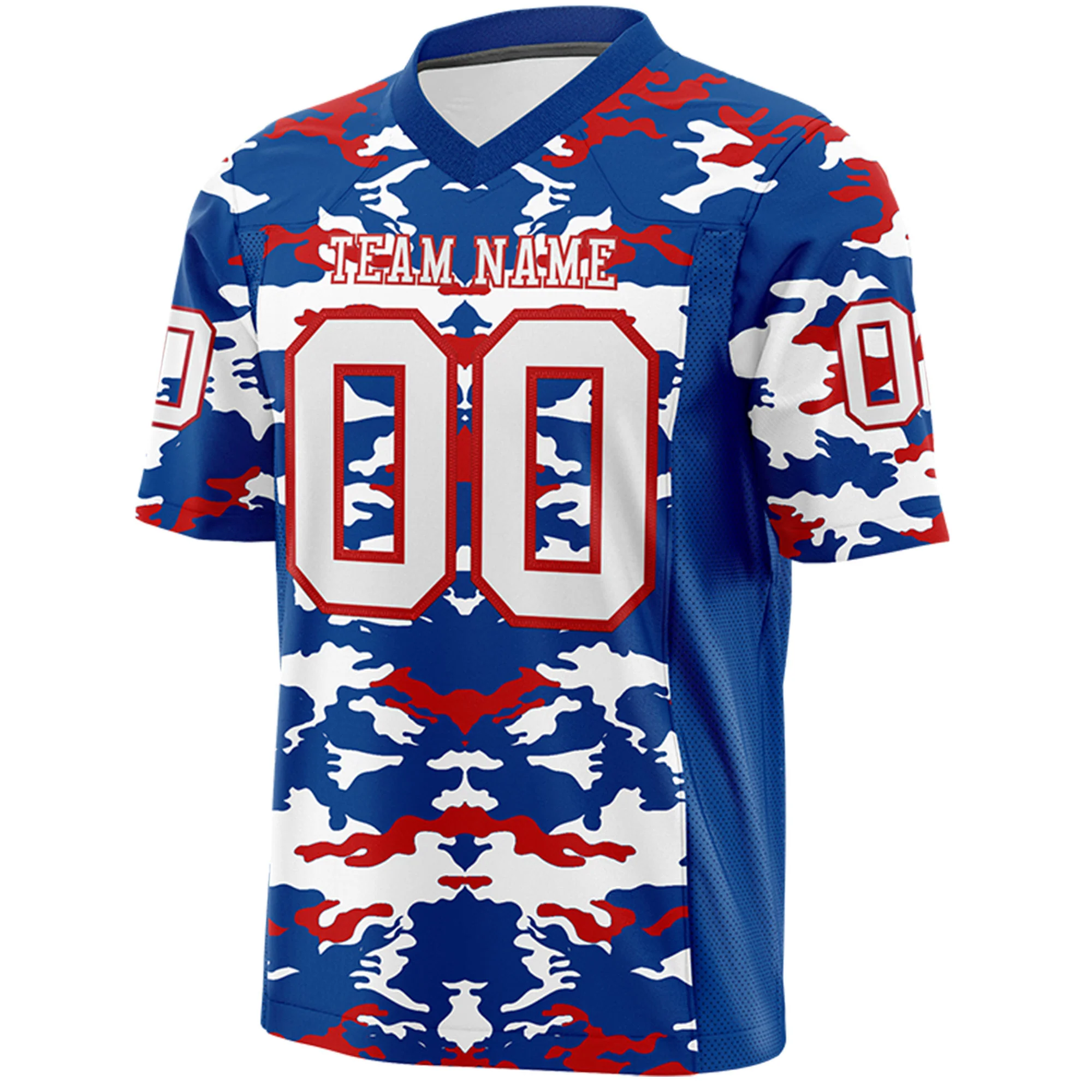 Custom Blue White-Red Mesh Camo Football Jersey