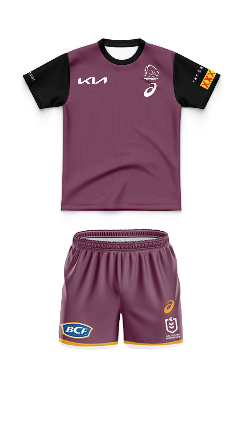 Kid's NRL Brisbane Broncos 2024 Maroon Training Jersey+Shorts