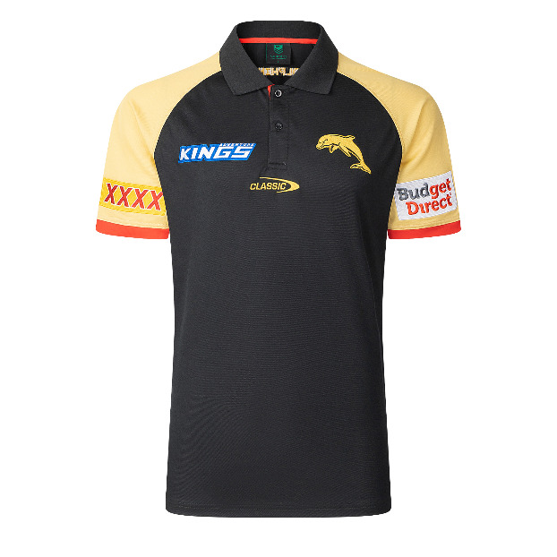 NRL Dolphins 2025 Black Players Media Polo Shirt
