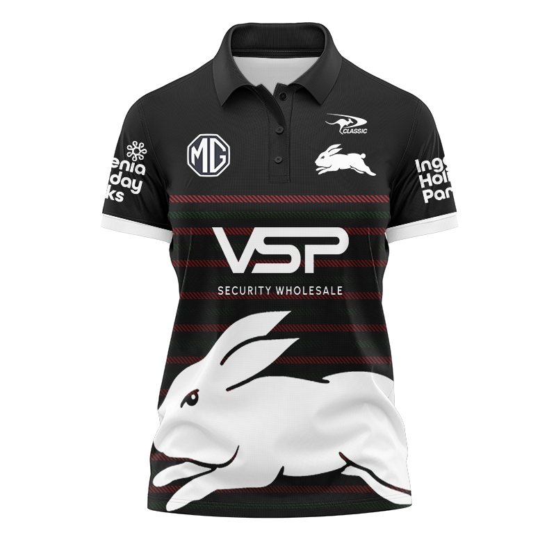 Women's NRL South Sydney Rabbitohs 2024 Black Warm Up Polo Shirt