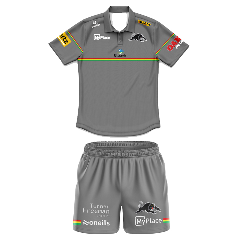 Kid's NRL Penrith Panthers 2025 Grey Media Polo Jersey+Shorts
