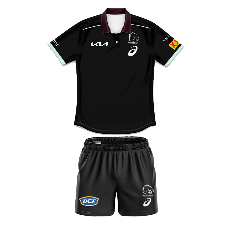 Kid's NRL Brisbane Broncos 2025 Black Team Polo Jersey+Shorts