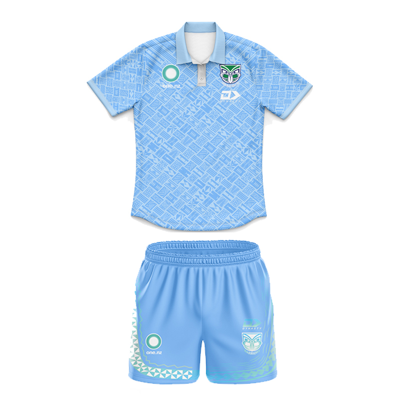 Kid's NRL New Zealand Warriors 2025 Dynasty Pasifika Blue Polo Jersey+Shorts