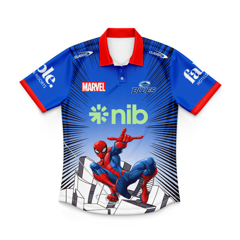 Kid's Auckland Blues Super Rugby 2025 Marvel Warm Up Polo Jersey