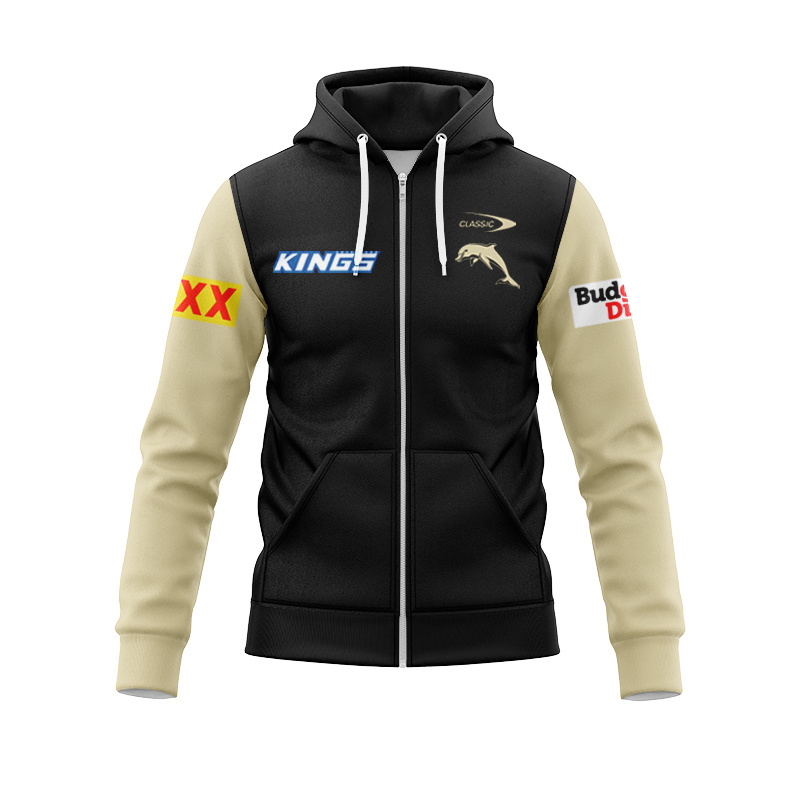 NRL Dolphins 2025 Black Players Media Zipper Hoodie