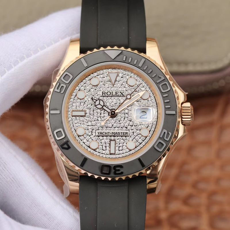 Replica Rolex Yacht-Master 40mm 116655 Diamond Dial Rosegold 1:1 Best Edition Automatic Black Rubber Strap - DEEPREPS