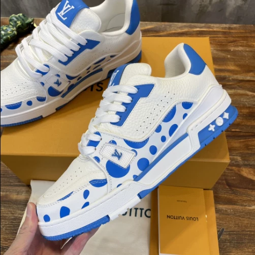 LOUIS VUITTON X YAYOI KUSAMA TRAINER CALF LEATHER SNEAKER IN BLUE AND WHITE – LSVT375 - DEEPREPS