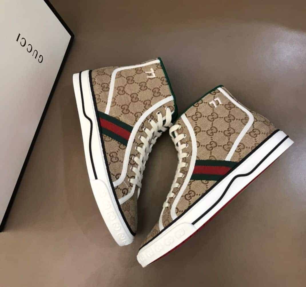 GUCCI TENNIS 1977 HIGH-TOP SNEAKERS IN BEIGE AND EBONY GG CANVAS   GC100 - DEEPREPS