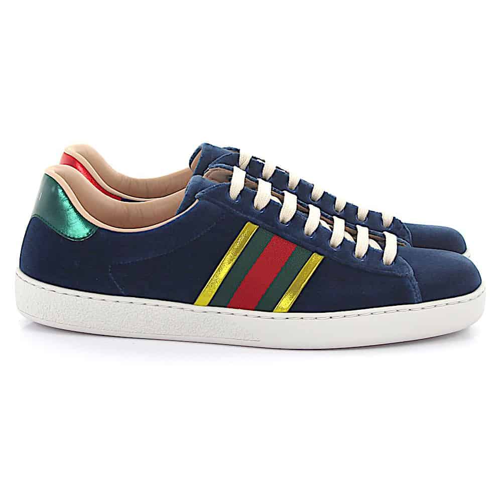 GUCCI ACE SNEAKER VELVET BLUE METALLIC STRIPE   GC40 - DEEPREPS