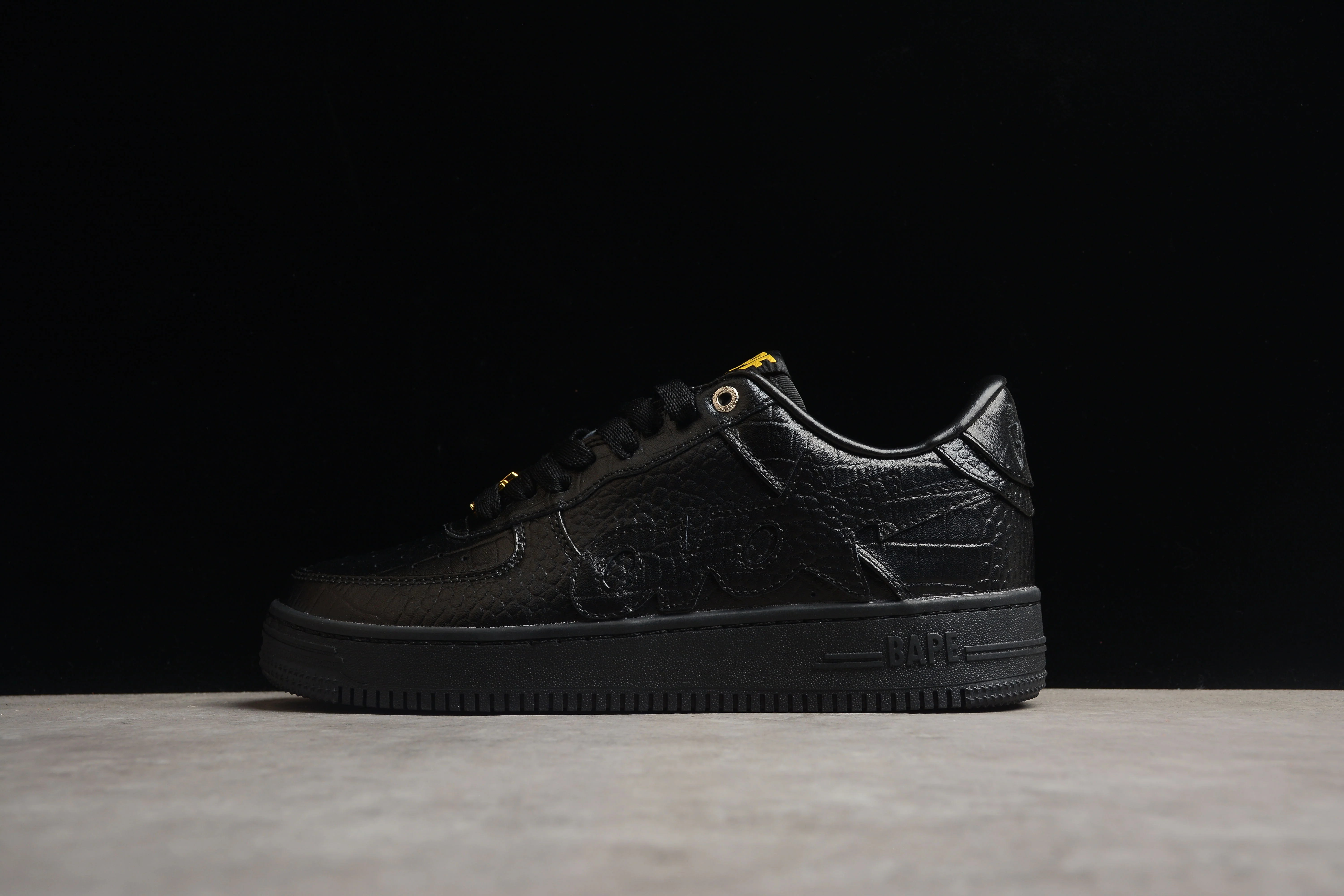 BAPE STA Low-Top Black Croc-Embossed Sneakers - DEEPREPS