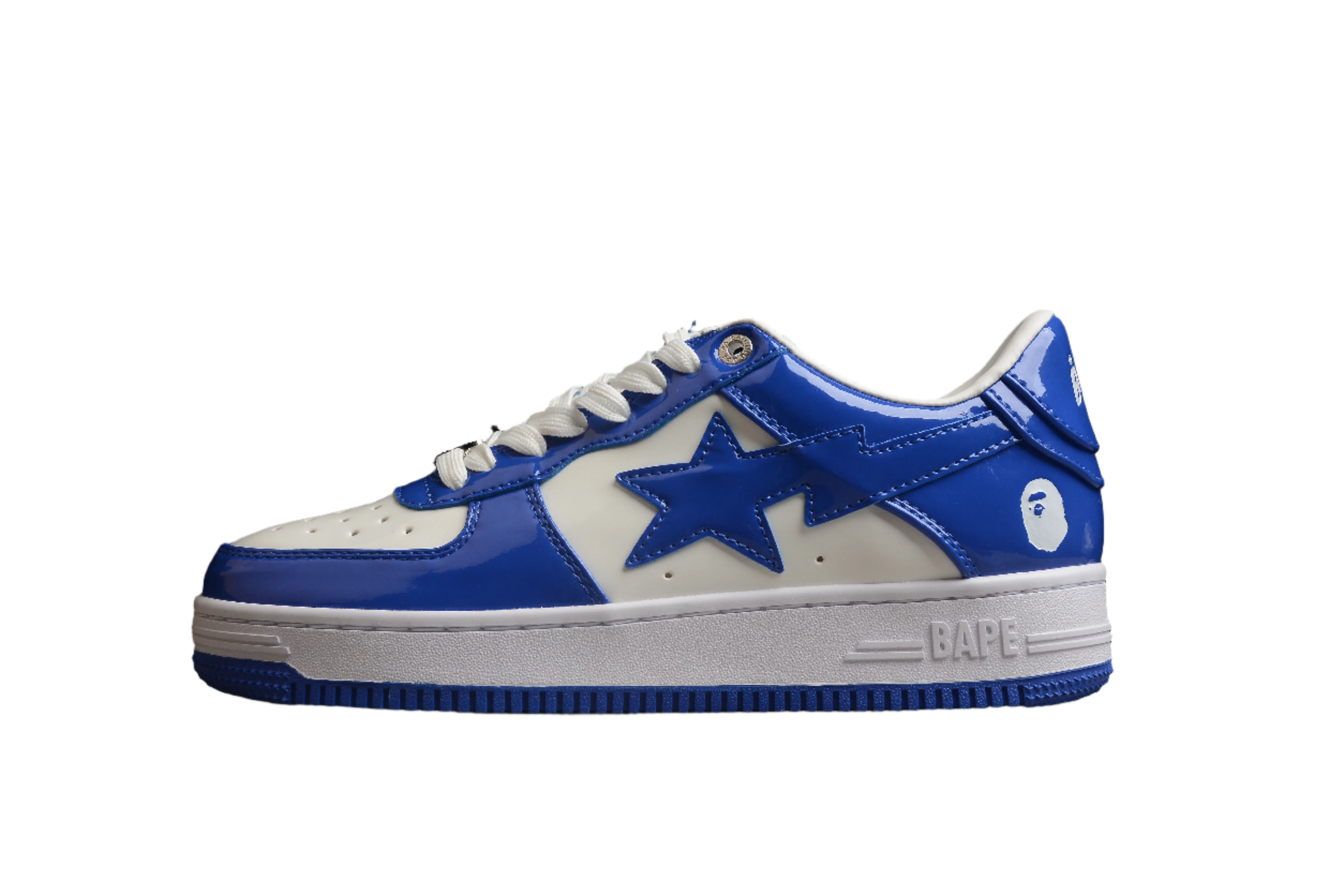 BAPE STA Low-Top Blue and White Patent Leather Sneakers - DEEPREPS