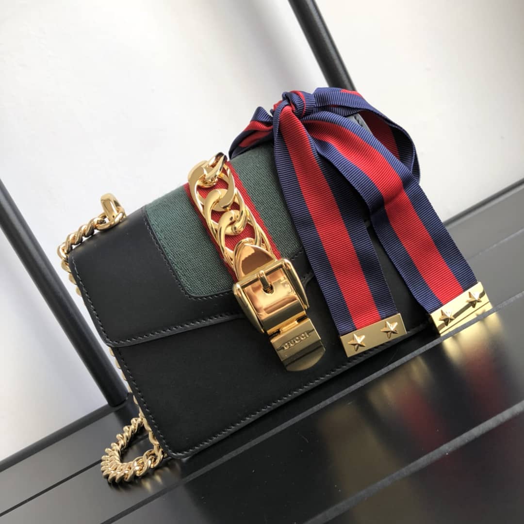 Gucci Sylvie Leather Mini Chain Shoulder Bag Replica Black 431666 - DEEPREPS