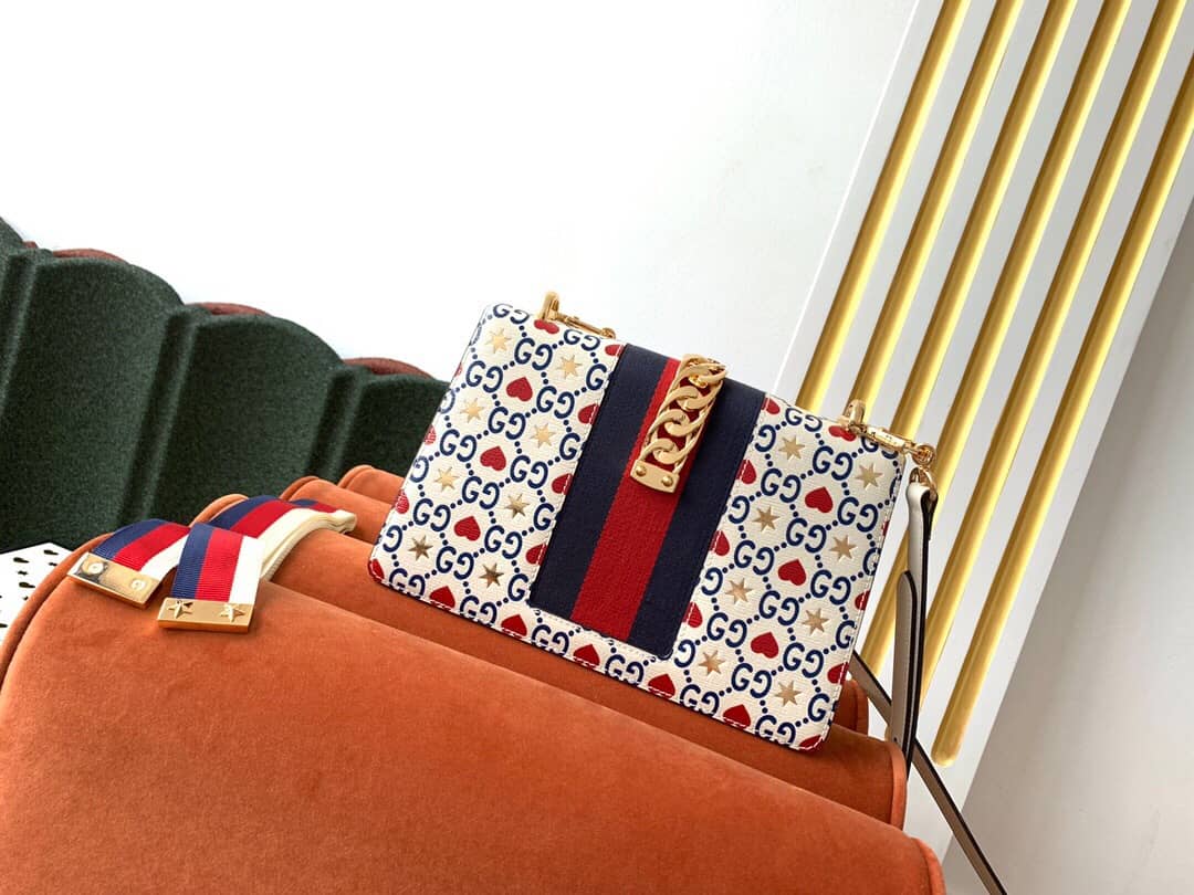 Gucci Sylvie Small Leather Shoulder Bag Replica White Blue 524405 - DEEPREPS