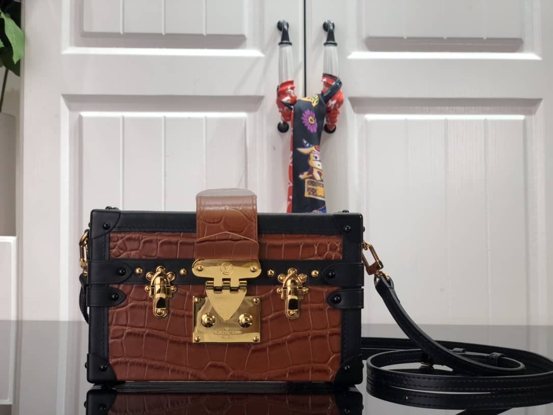 Louis Vuitton Petite Malle Brilliant Alligator Leather Replica Handbag Brown N93817 - DEEPREPS