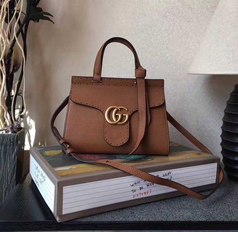 Gucci GG Marmont Leather Top Handle Replica Bag Brown 421890 - DEEPREPS