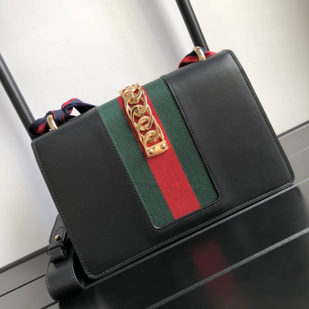 Gucci Sylvie Small Leather Shoulder Bag Replica Black 421882 - DEEPREPS