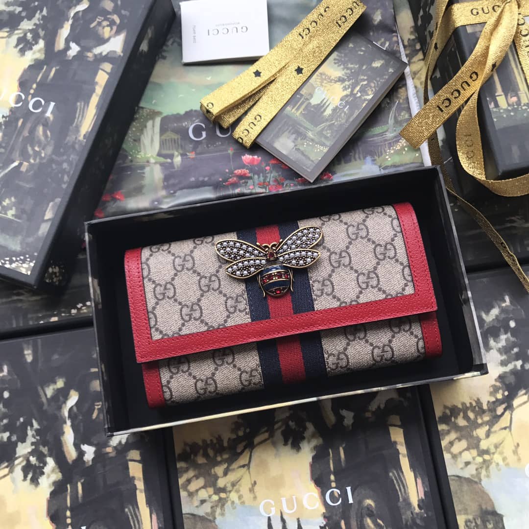 Gucci Queen Margaret Bee Leather Continental Flap Wallet Replica 476064 - DEEPREPS