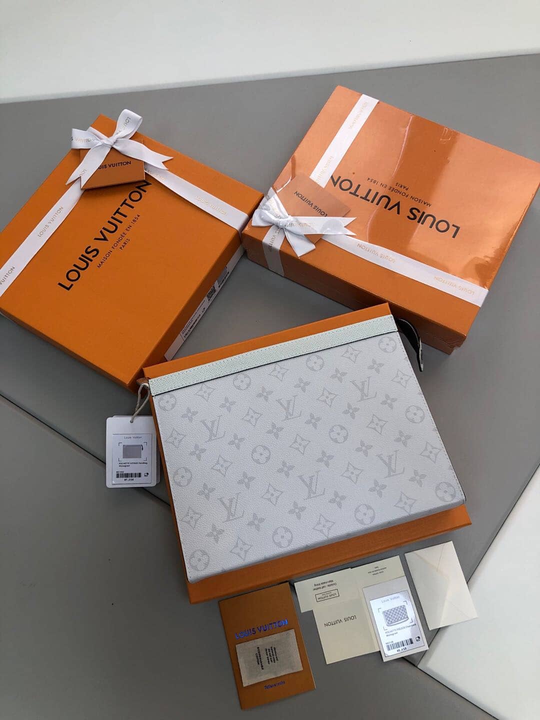 Louis Vuitton Monogram Eclipse Canvas Replica Pochette Voyage MM White M61692 - DEEPREPS