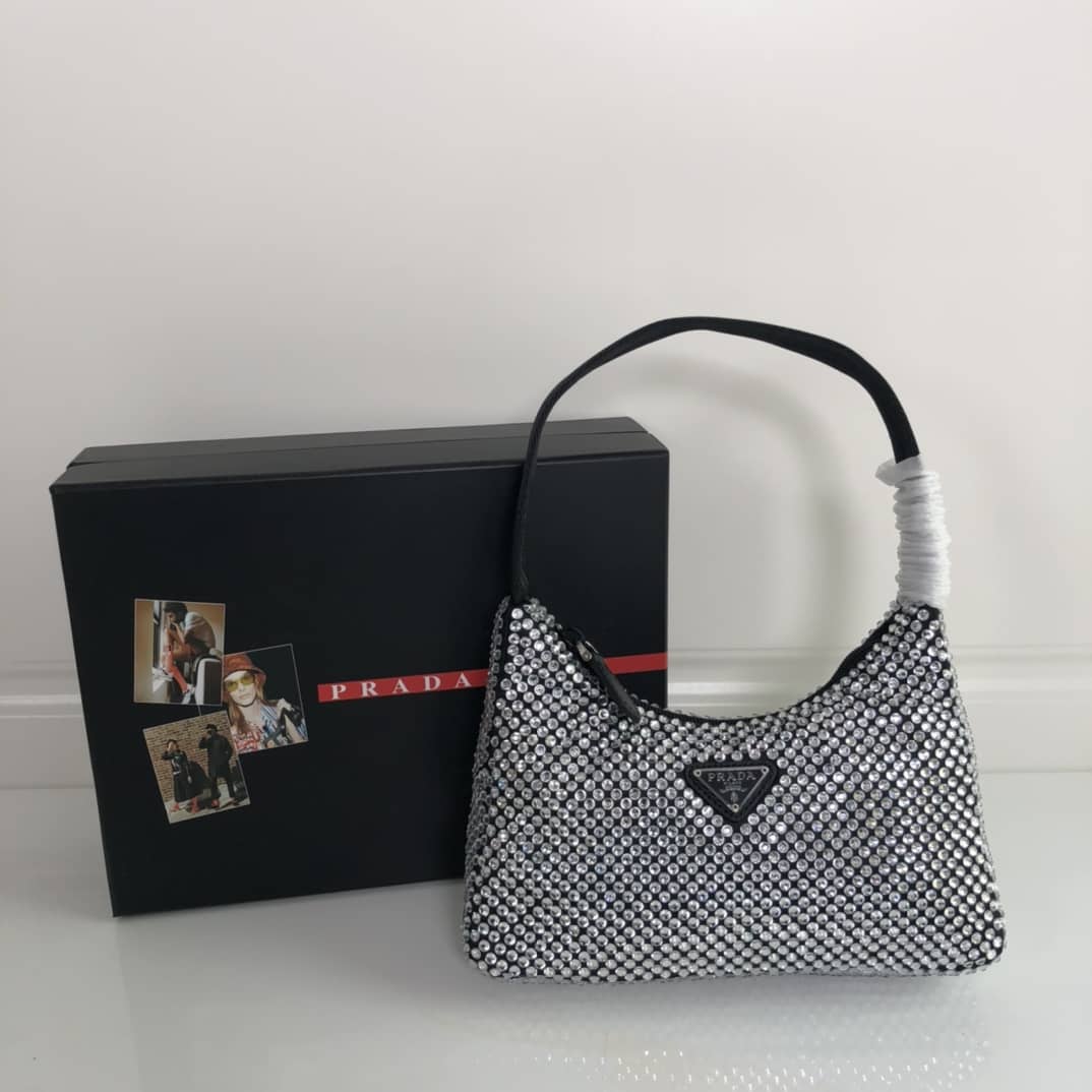 Prada Satin Re-Edition 2000 Crystal Mini Hobo - DEEPREPS