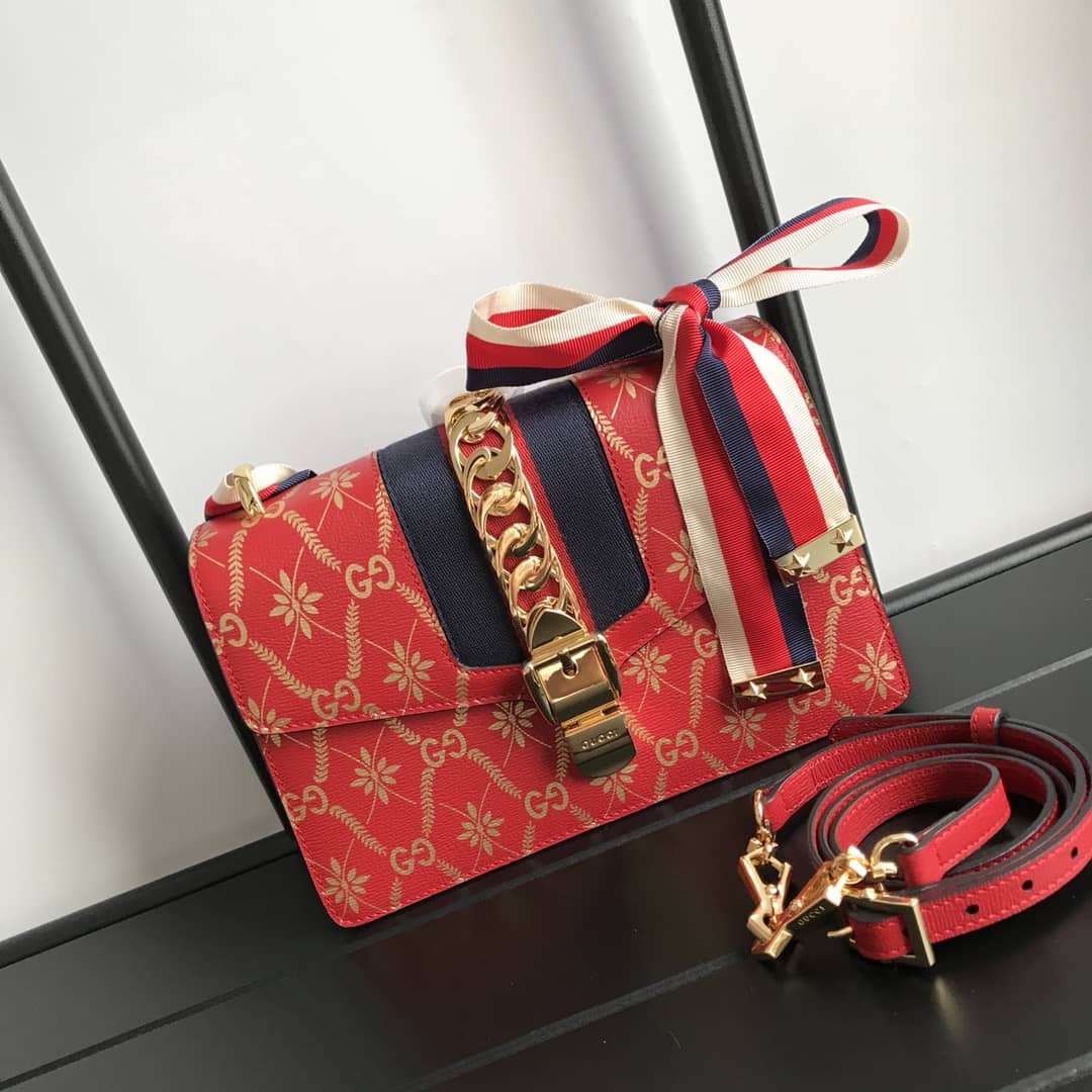 Gucci Sylvie Small Leather Shoulder Bag Replica Red 524405 - DEEPREPS