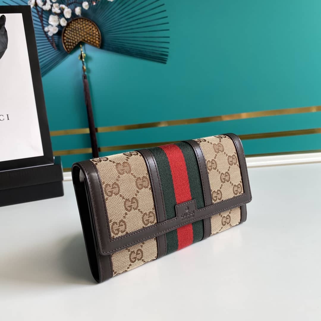 Gucci Monogram Vintage Web Long Button Canvas Wallet - DEEPREPS