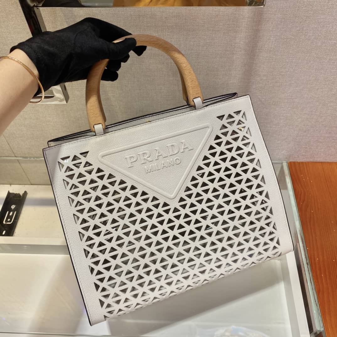 Prada Hollow Out Cowhide Leather Beech Tote - DEEPREPS