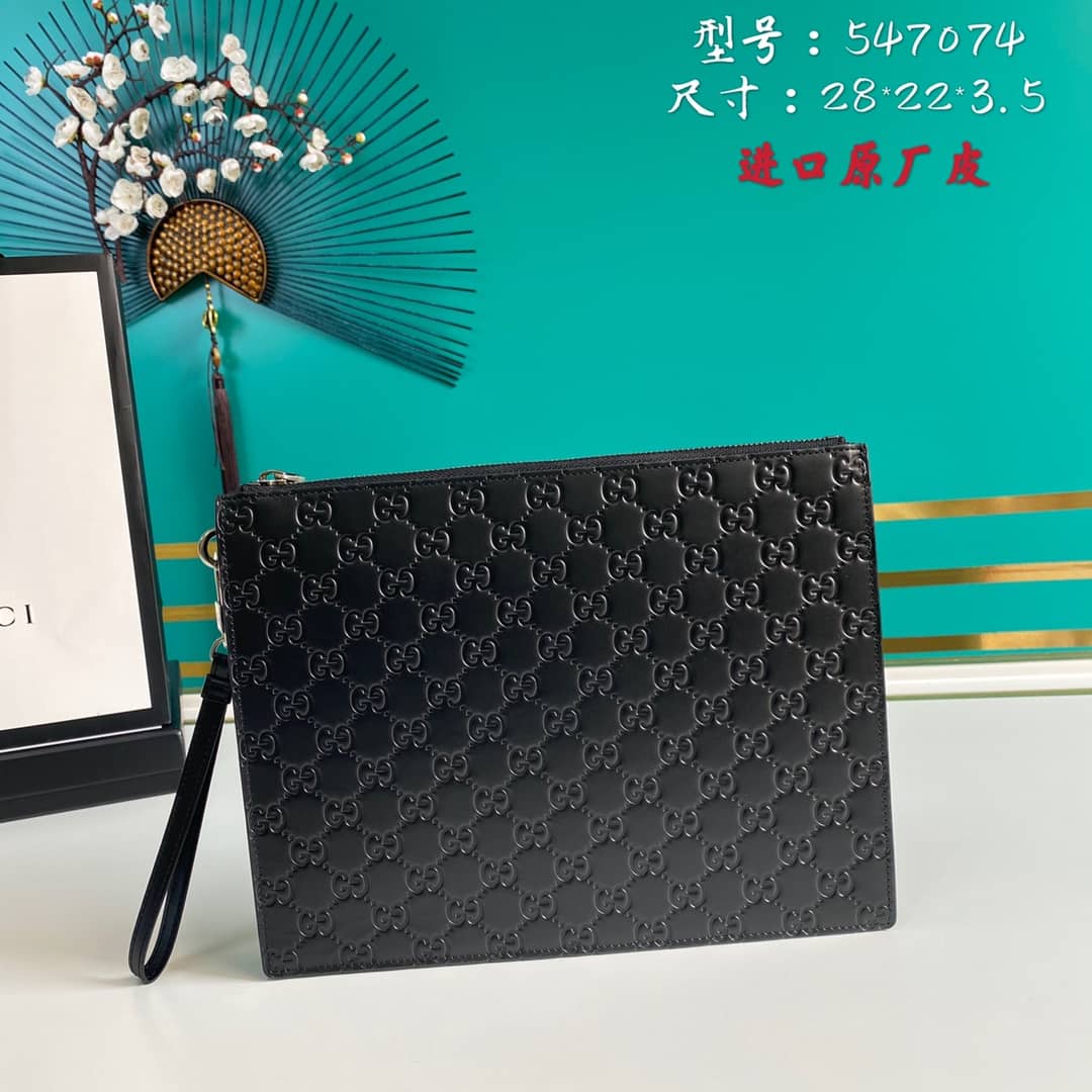 Gucci Embossed Logo Calf Leather Black Pouch 547074 - DEEPREPS
